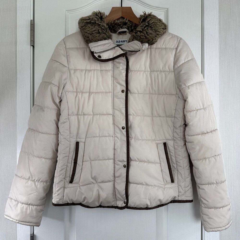 Old Navy Women's Puffer Jacket Faux Fur Collar Cream Brown Trim Size S *Stains*